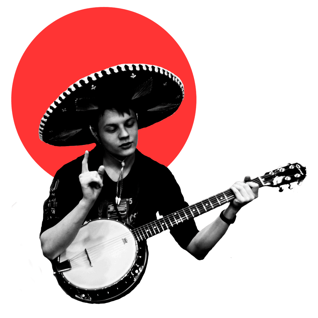 Alexander Sidorenko wearing a Mexican hat and holding a banjo