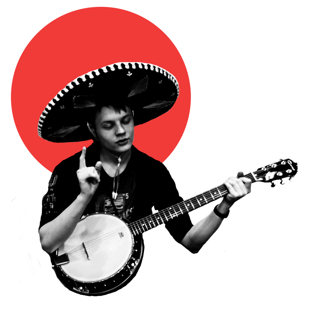 Alexander Sidorenko wearing a Mexican hat and holding a banjo